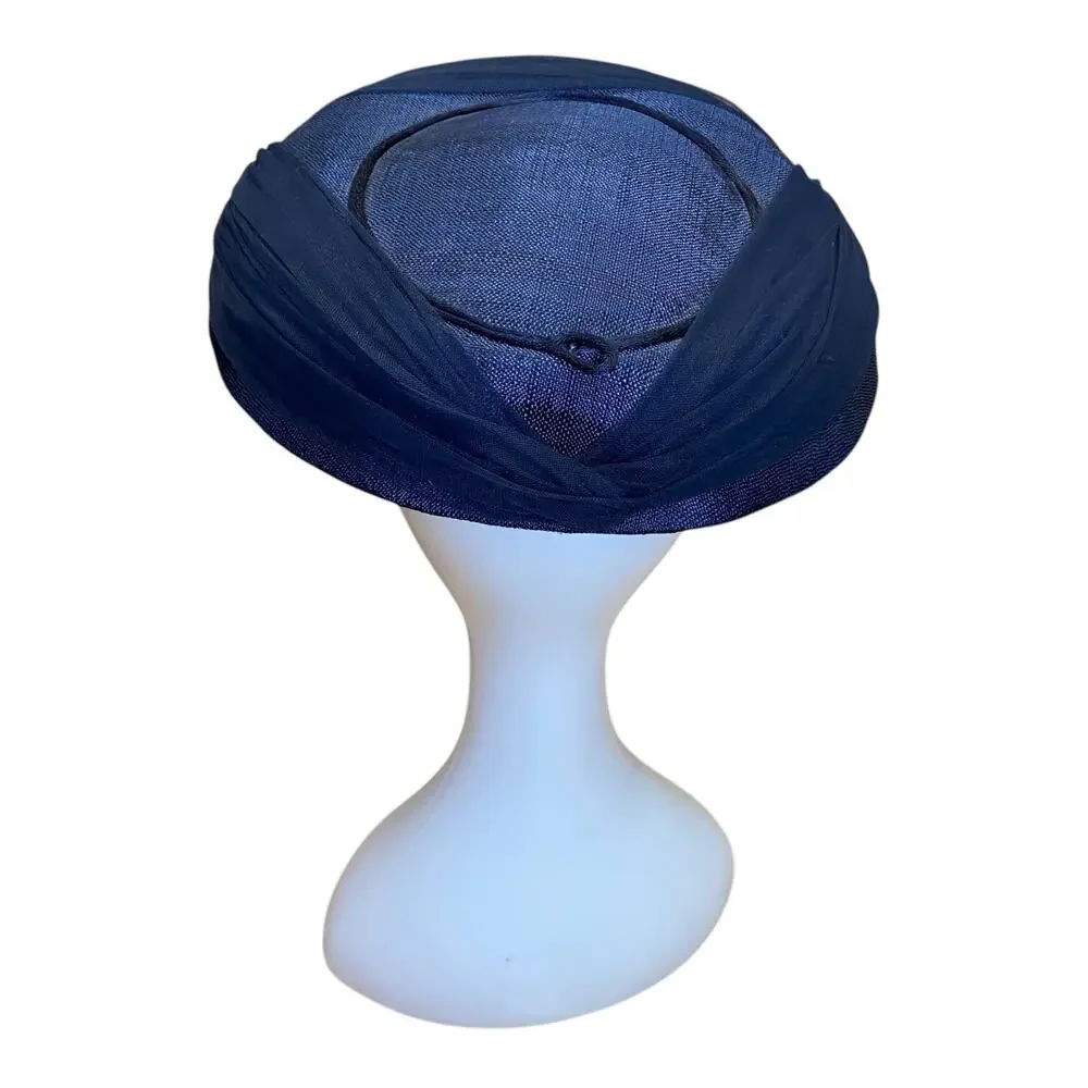 Vintage 1950s Navy Blue Saucer Hat Chiffon Rhinestone Tilt Hat - Picture 3 of 6